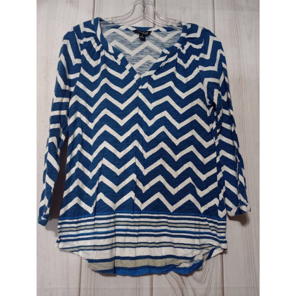 Lucky Brand‎ Women Blue White Chevron Stripe 3/4 Sleeve V-Neck Top Small